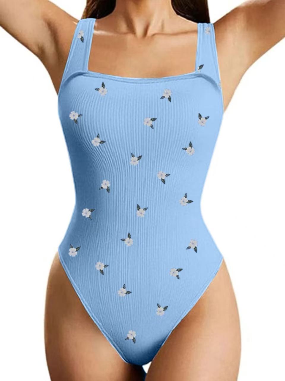 Women's Beige Cherry Print Ribbed Bodysuit ，Women's Light Blue Floral Print Ribbed Bodysuit- Versatile Outerwear Sporty Casual Slim Fit