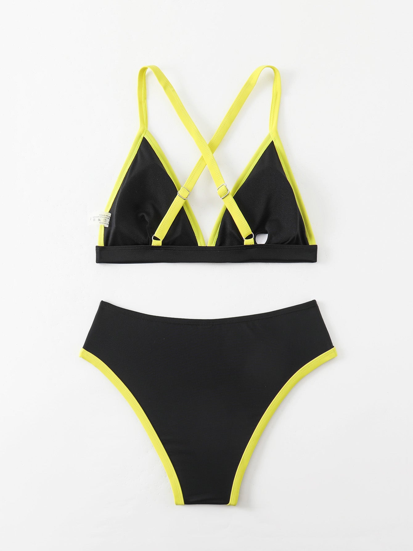 Black-Green Color Block Crisscross Back Bikini Set for Women, Neon Yellow Trim Triangle Swimwear