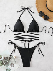 Solid Black Tie-Cutout Bikini Set for Women, Halter Crisscross-Strap Triangle Swimwear