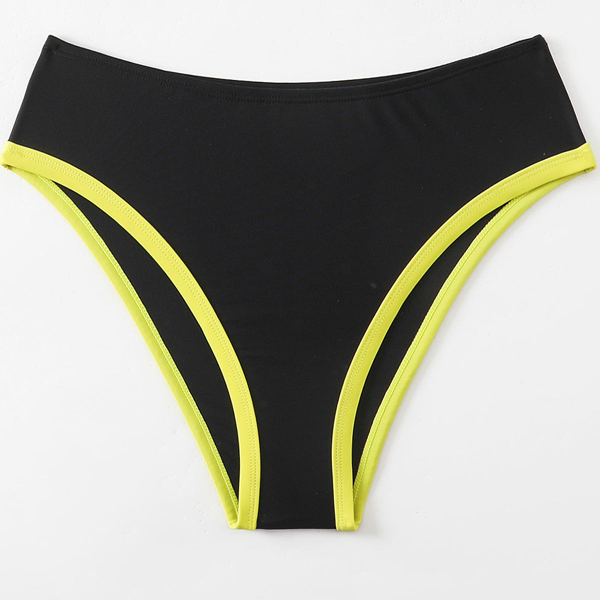 Black-Green Color Block Crisscross Back Bikini Set for Women, Neon Yellow Trim Triangle Swimwear