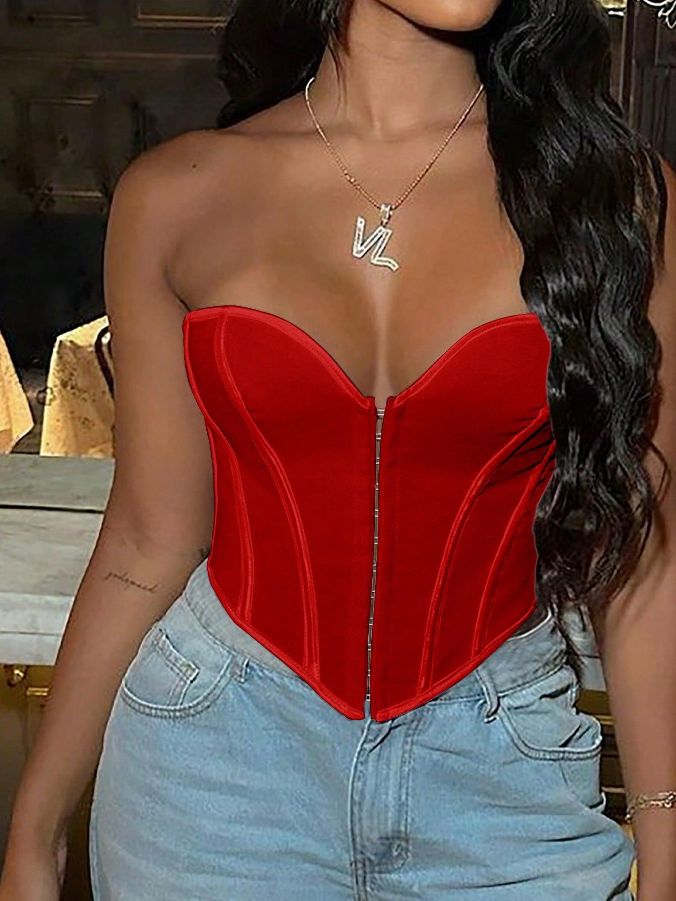 Women's Red Solid Zipper Corset Top - Vintage Waist-Slimming Sexy Bodyshaper