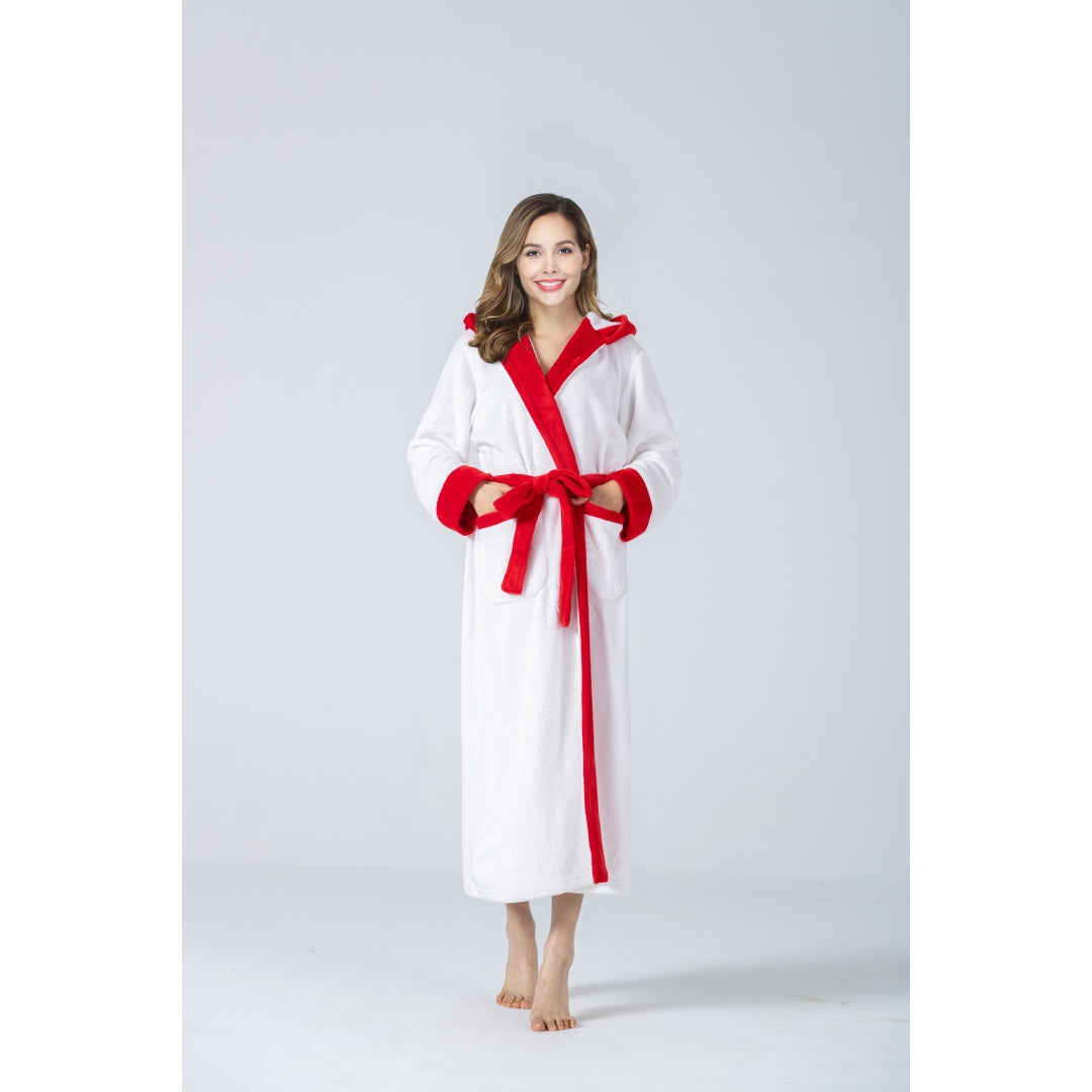 Bata larga de felpa con capucha en contraste rojo y blanco para mujer, pijama gruesa y cálida con bolsillos y cinturón, estilo navideño.