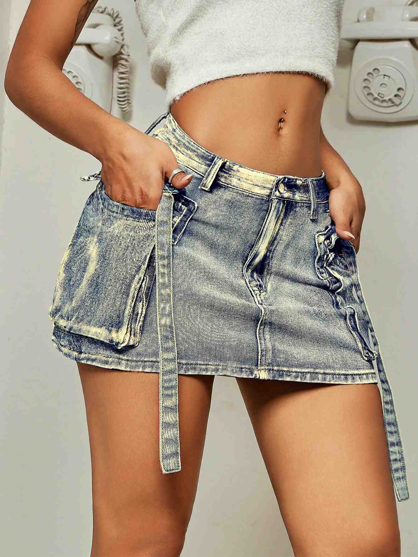 Women's Distressed Washed Cargo Denim Mini Skirt - Vintage Tie-Waist Slim-Fit A-Line Skirt