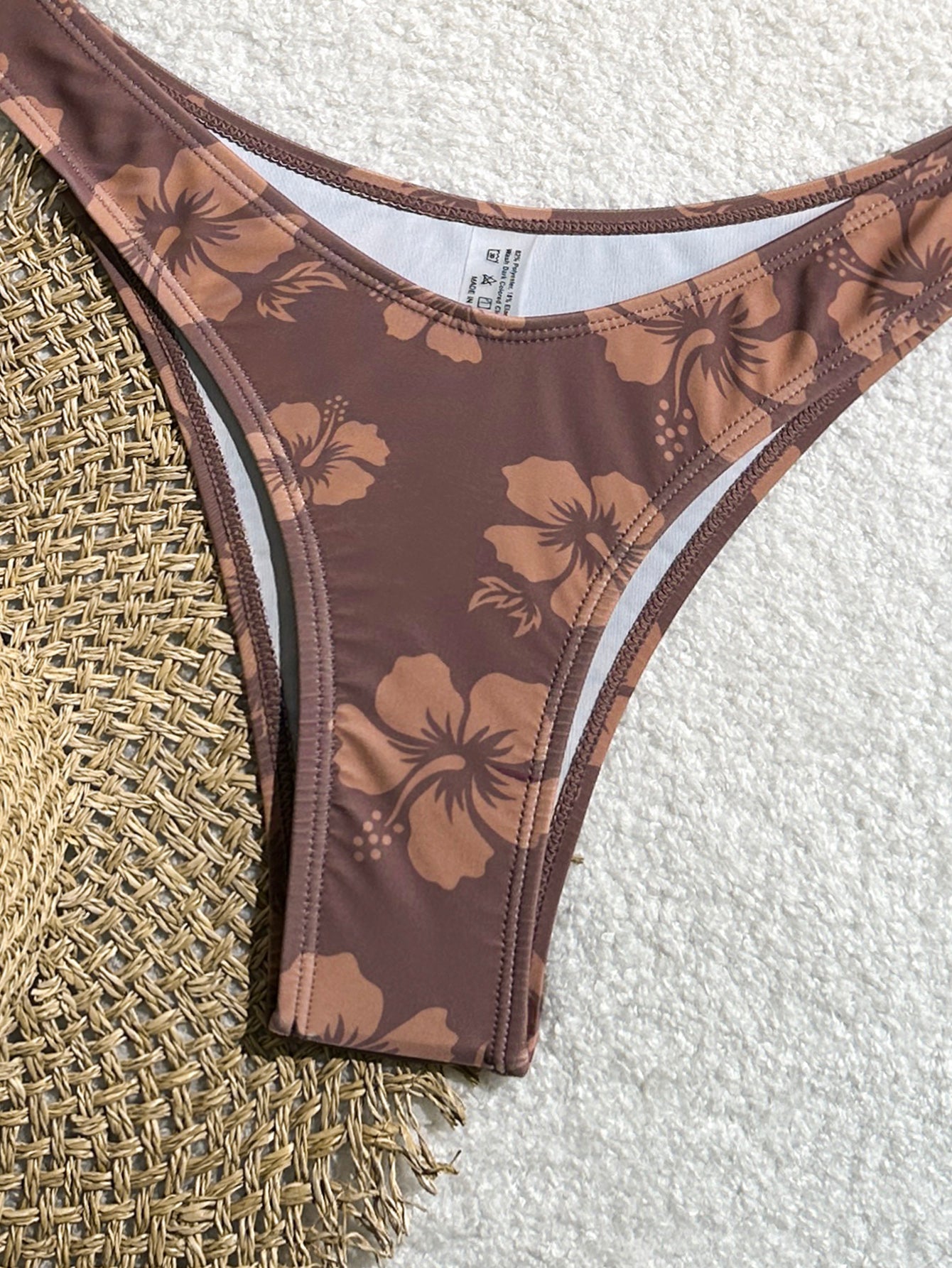 Coffee Hibiscus Print Bikini Set for Women, Halter Tie Triangle Swimwear