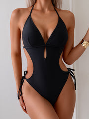Black Halter Cutout One-Piece Swimsuit for Women, Sexy Tie Side Monokini, Fashion Beach Vacation Swimwear