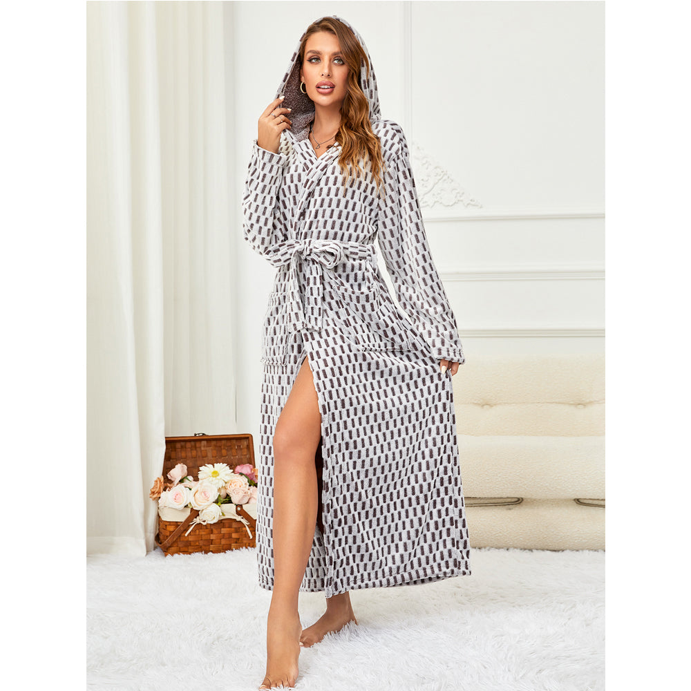 Women's Geometric Print Hooded Faux Wool Plush Warm Long Robe - Stylish Loungewear Sleepwear
