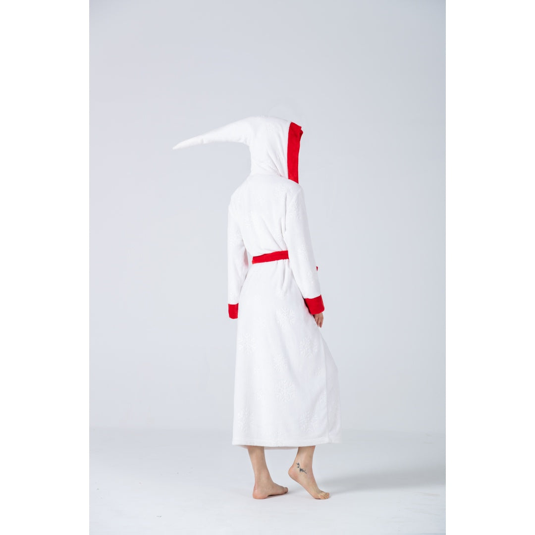 Bata larga de felpa con capucha en contraste rojo y blanco para mujer, pijama gruesa y cálida con bolsillos y cinturón, estilo navideño.