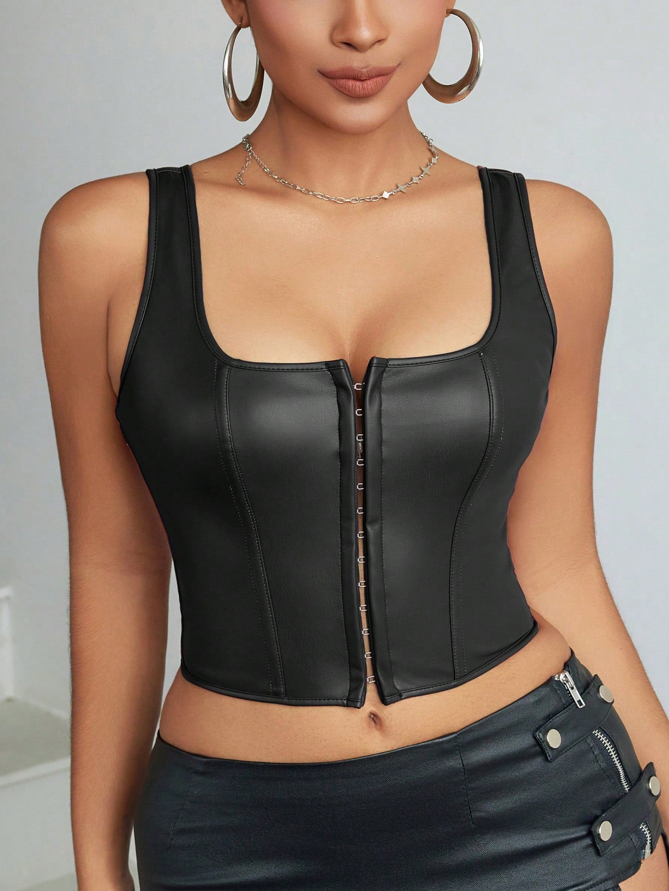 Apperloth Women PU Leather Square Neck Corset Sexy Top