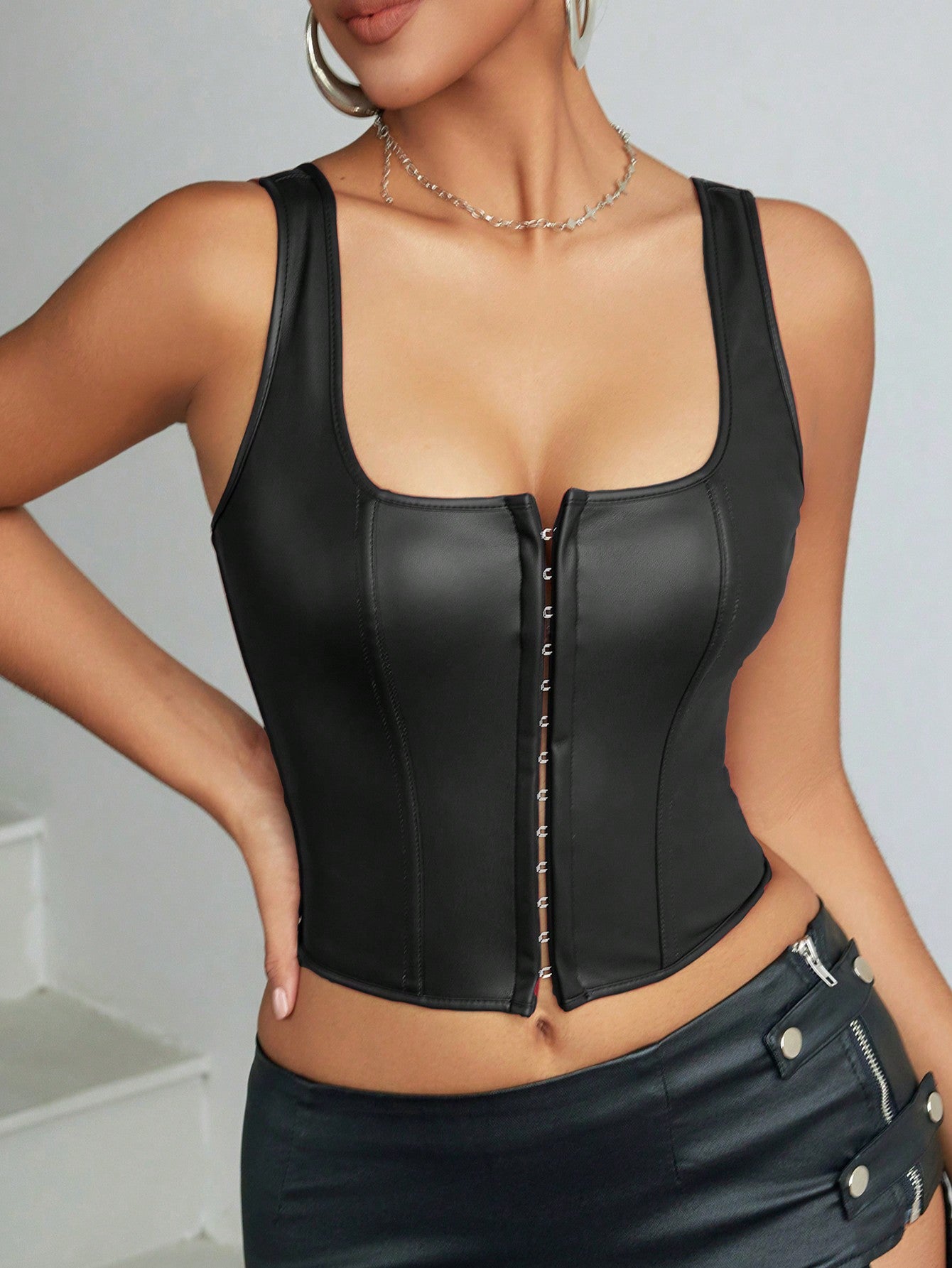 Apperloth Women PU Leather Square Neck Corset Sexy Top