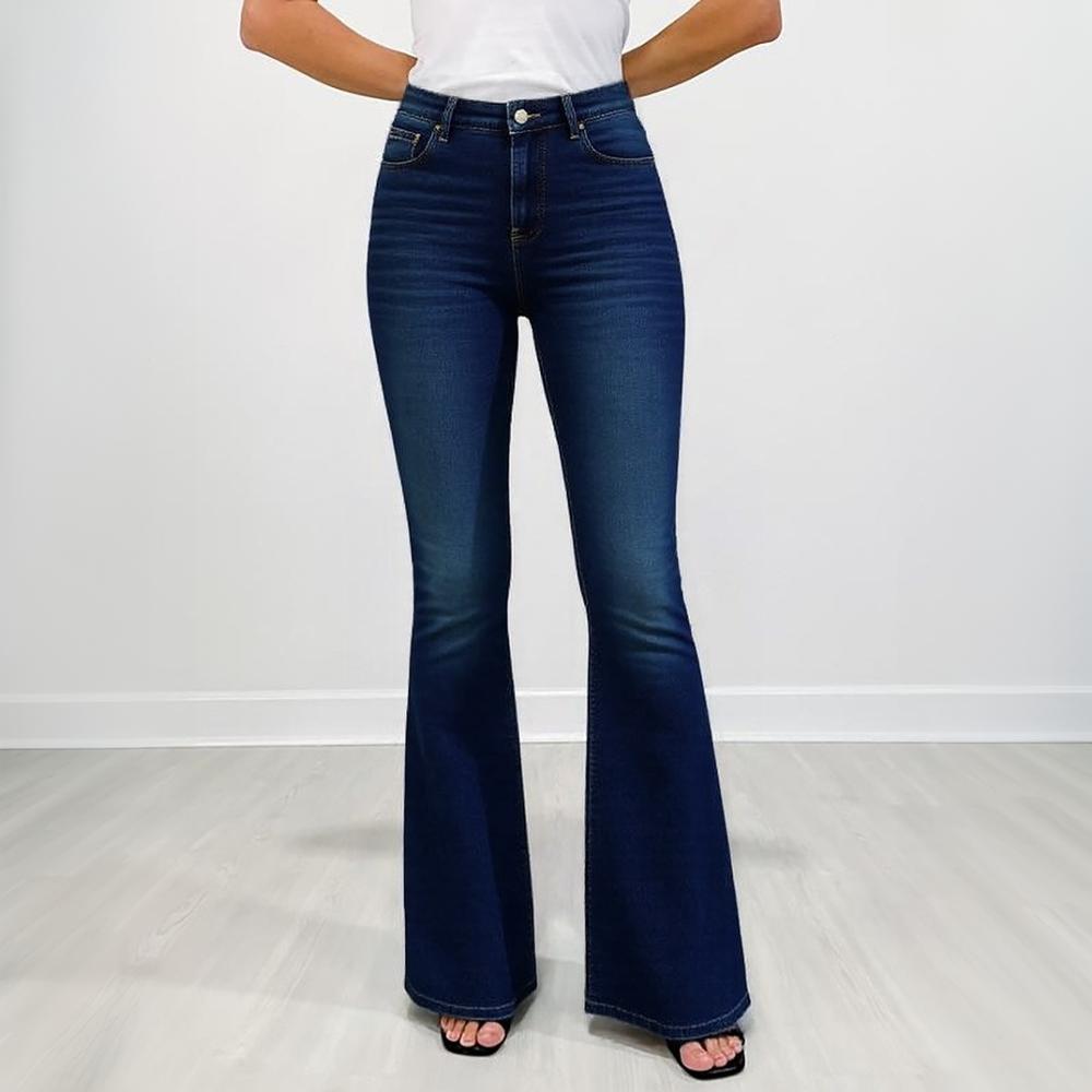 Women's Dark Blue High-Waisted Flare Jeans - Vintage Slim-Fit Retro Bell Bottoms