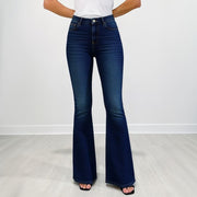 Women's Dark Blue High-Waisted Flare Jeans - Vintage Slim-Fit Retro Bell Bottoms