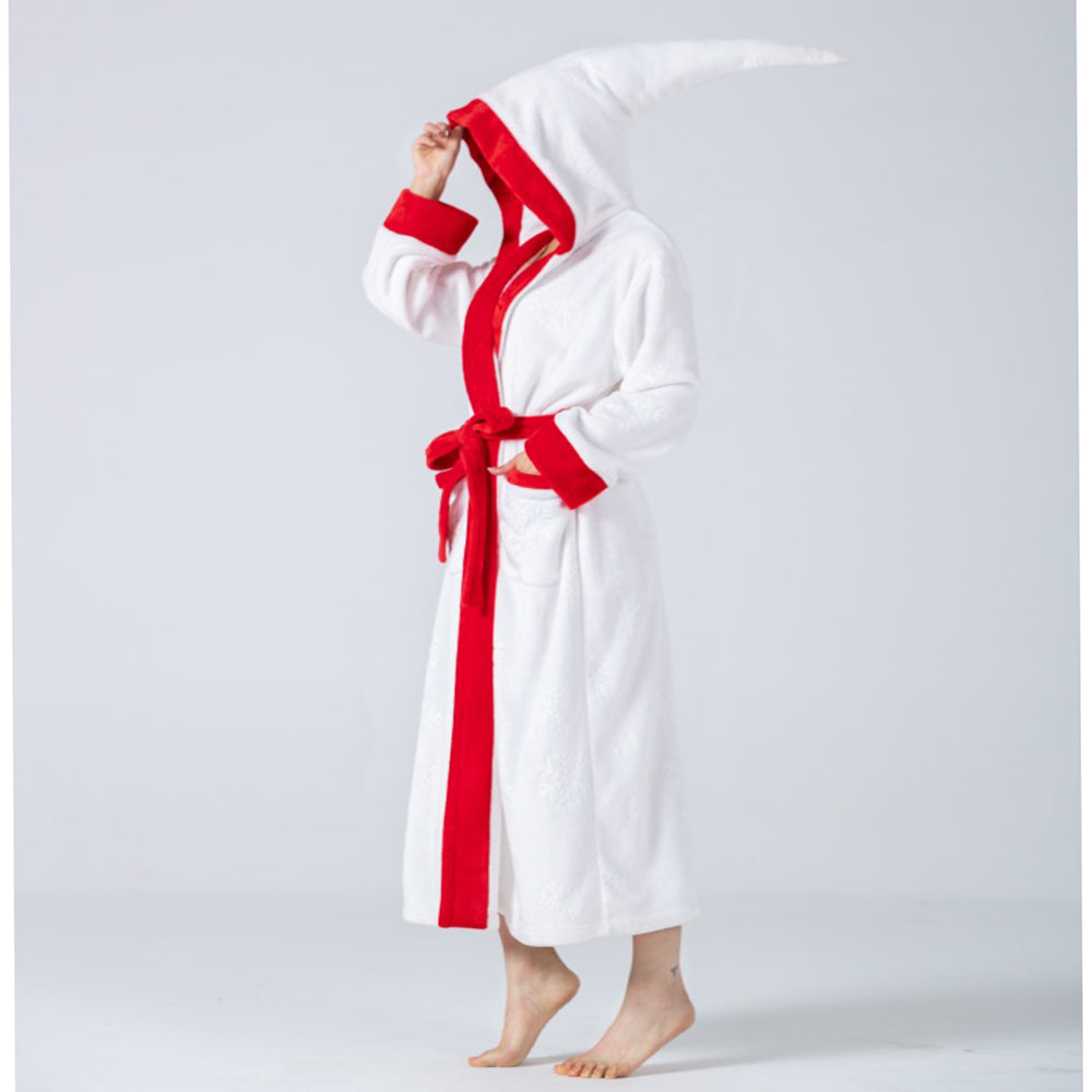 Red & White Contrast Hooded Plush Long Robe for Women, Thickened Warm Sleepwear with Pockets & Belt Christmas Style