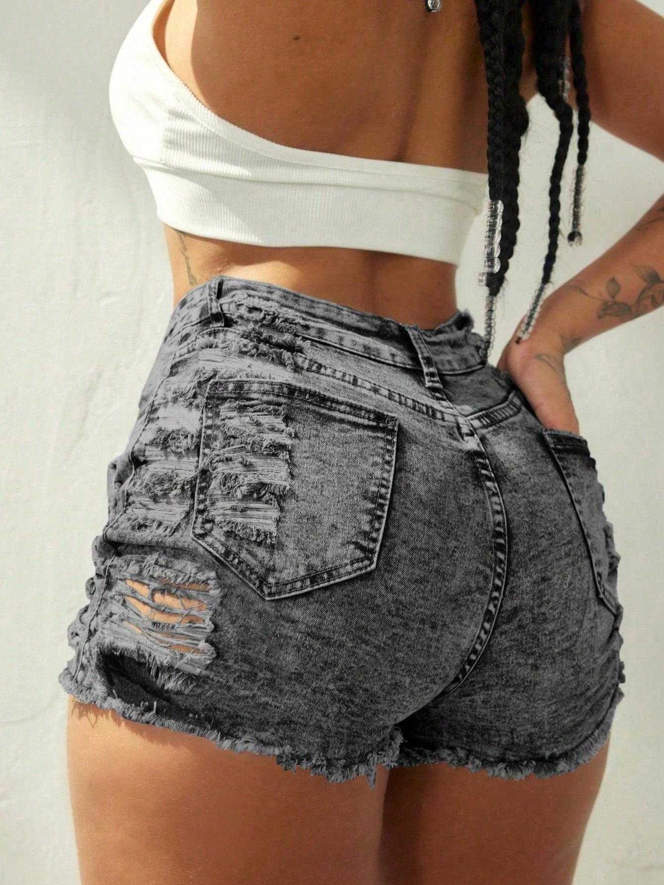 Distressed Black-Gray Ripped Raw-Hem Denim Shorts for Women, High-Waisted Skinny Hot Pants