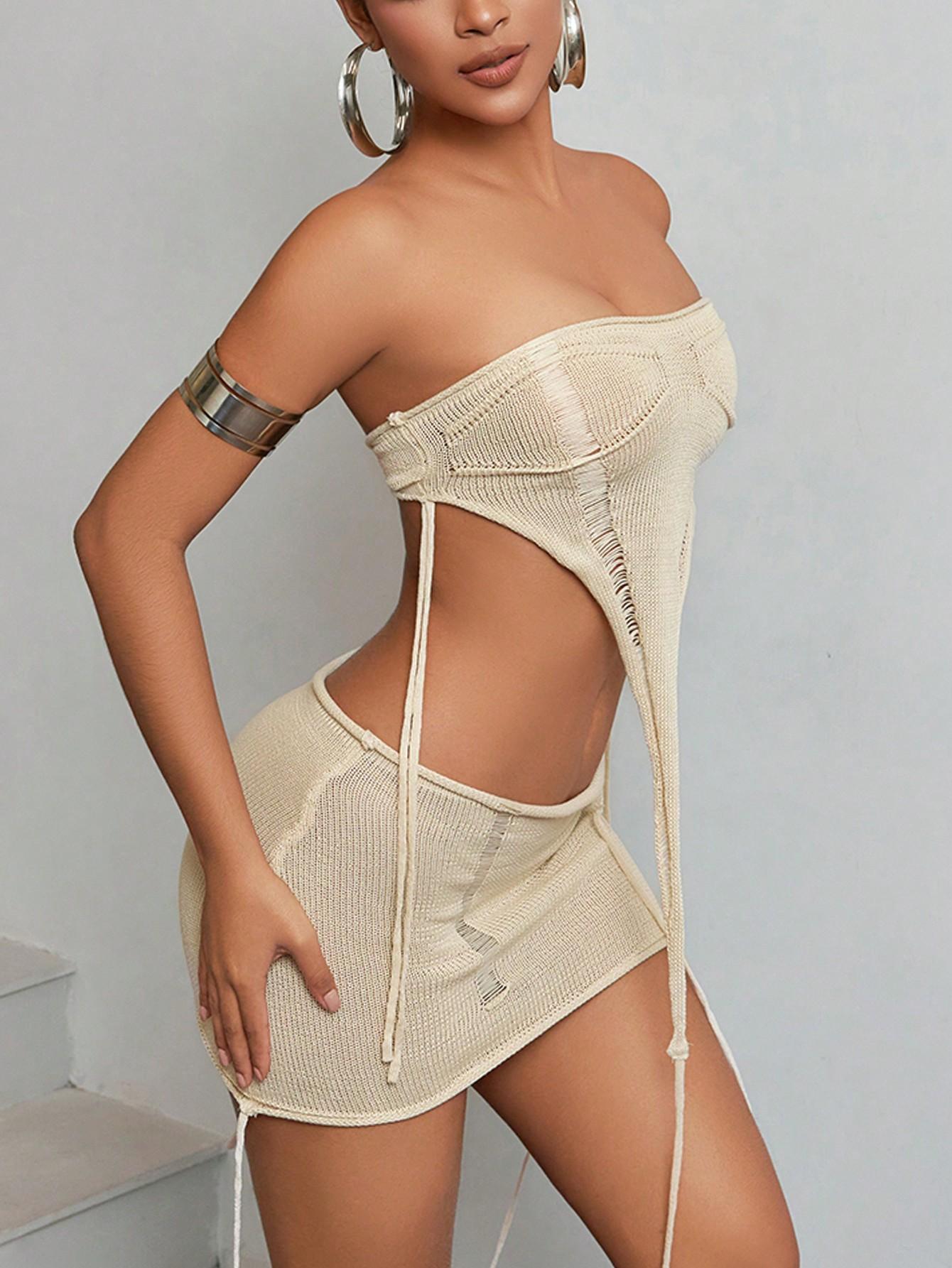 Women's Beige Hollow-out Knitted Bandeau & Skirt Two-Piece Set - Sexy Vacation Knit Outfit