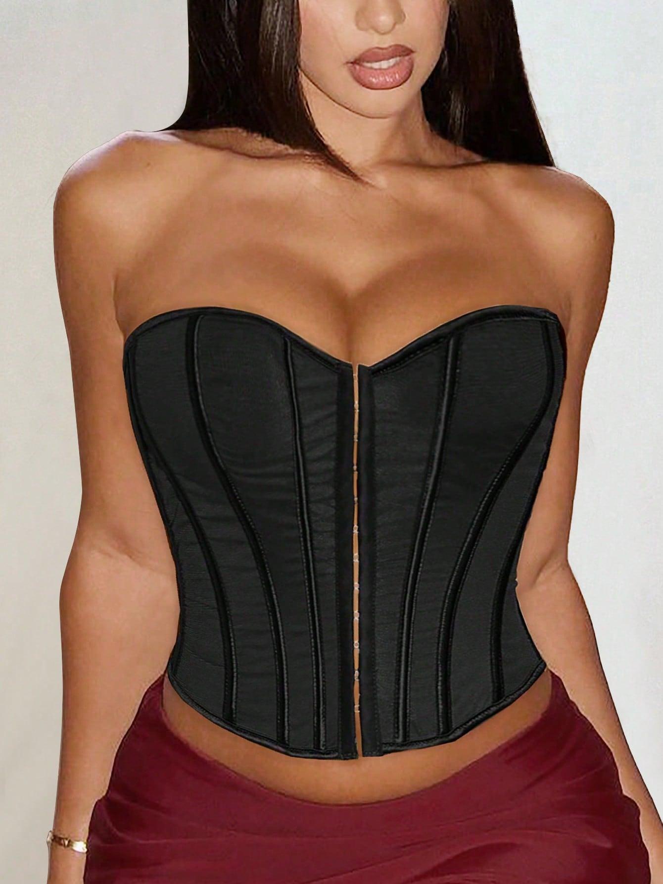 Black Strapless Zipper Corset Shapewear Top for Women, Outerwear Tight Waist Cincher Slimming Edgy Hot Girl Top