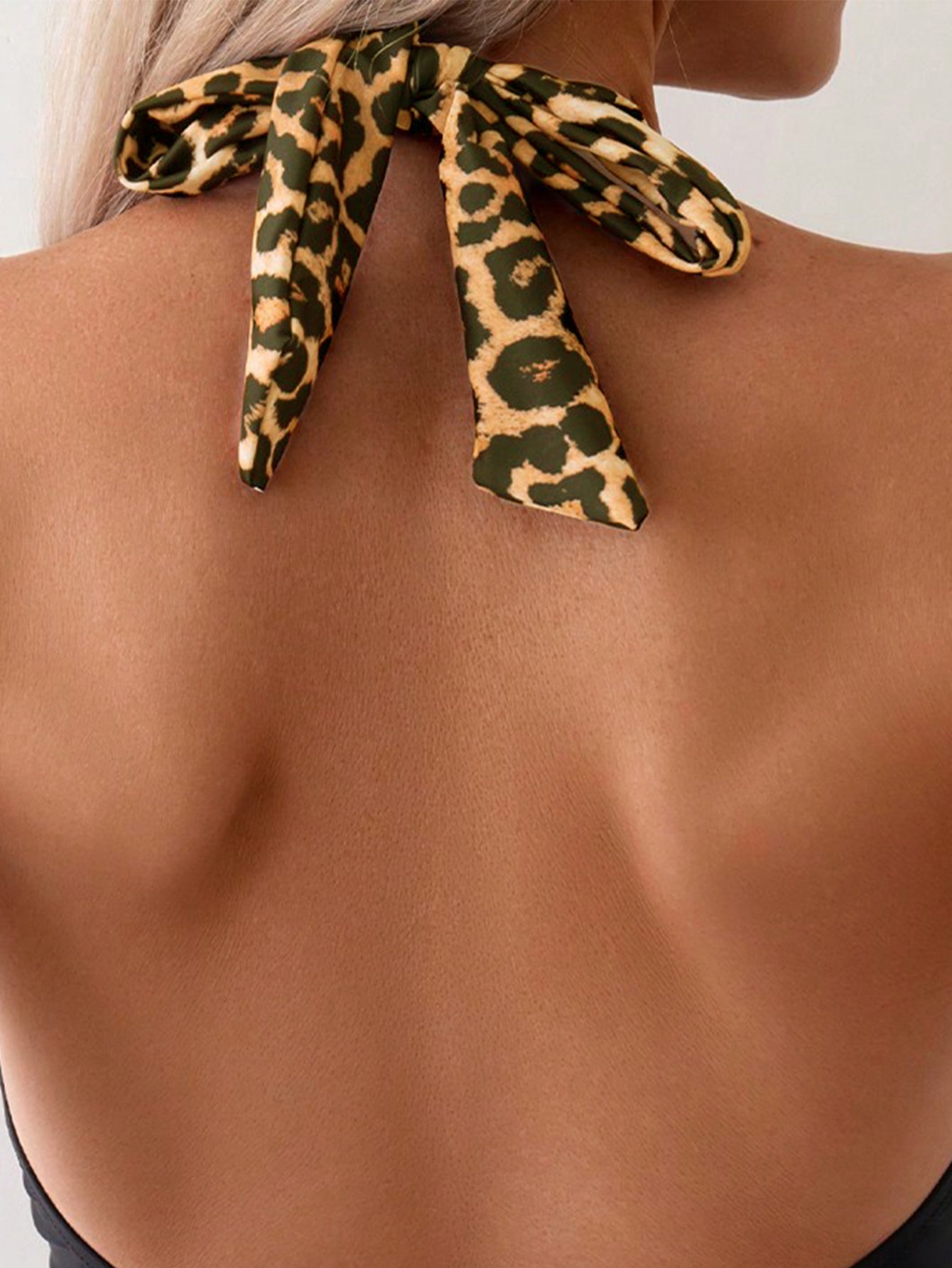 Leopard Print Halter Deep V Color Block One-Piece Swimsuit for Women, Slimming Wearable-as-Top Vacation Style Fashion Swimwear