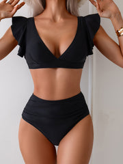 Solid Black Ruffled Square-Neck Bikini Set for Women, High-Waisted Ruched Triangle Swimwear