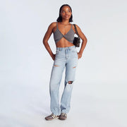Women's Light Blue Distressed Straight Leg Jeans - Vintage High-Waisted Slim-Fit Casual Wide-Leg Pants