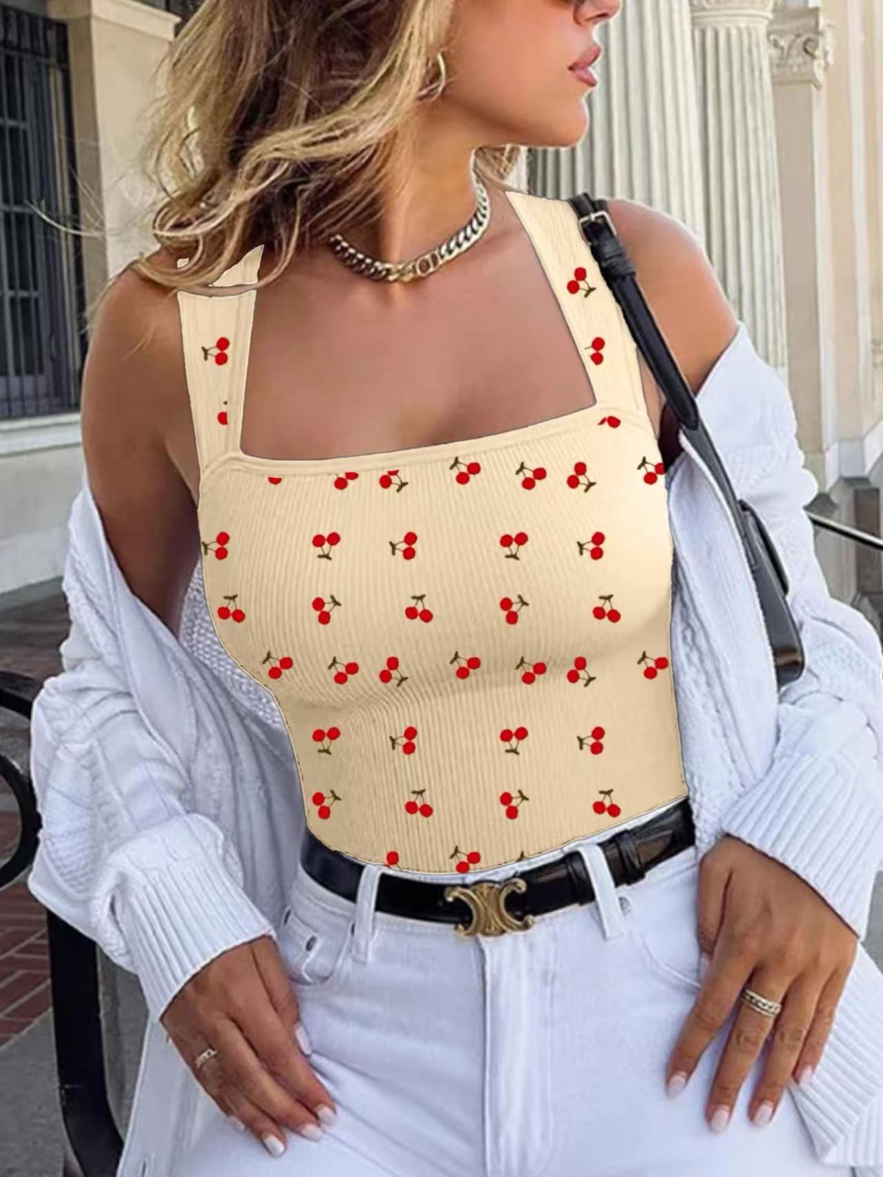 Women's Beige Cherry Print Ribbed Bodysuit ，Women's Light Blue Floral Print Ribbed Bodysuit- Versatile Outerwear Sporty Casual Slim Fit