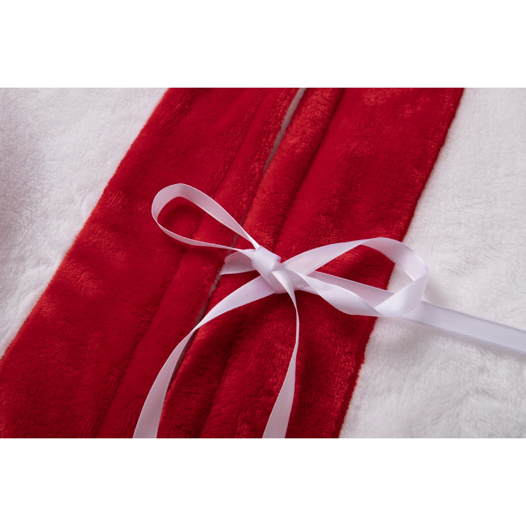 Bata larga de felpa con capucha en contraste rojo y blanco para mujer, pijama gruesa y cálida con bolsillos y cinturón, estilo navideño.