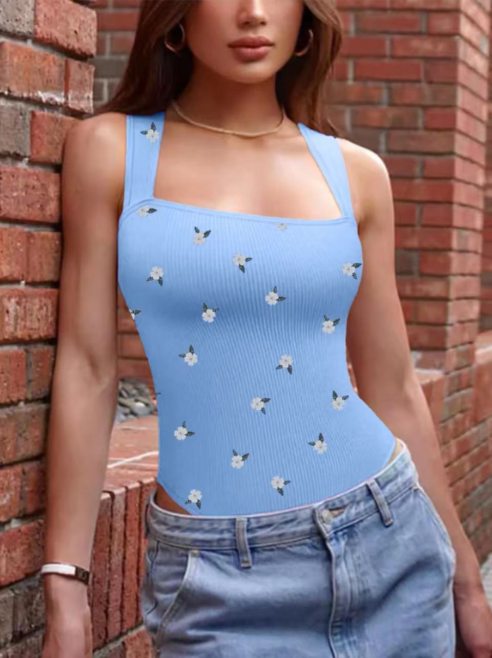 Women's Beige Cherry Print Ribbed Bodysuit ，Women's Light Blue Floral Print Ribbed Bodysuit- Versatile Outerwear Sporty Casual Slim Fit