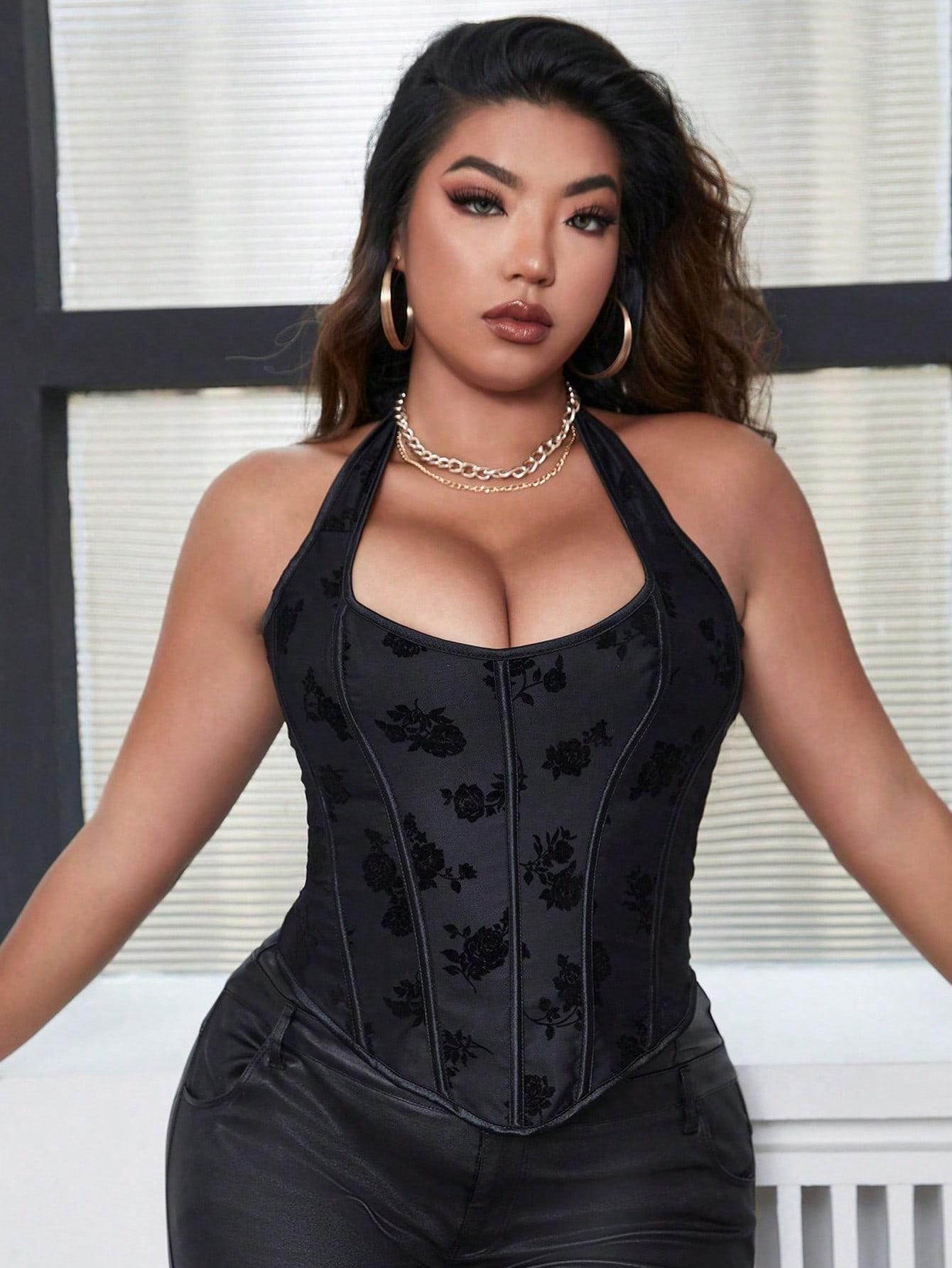 Black Halter Dark Rose Pattern Corset Shapewear Top for Women, Outerwear Tight Waist Cincher Slimming Hot Girl Top