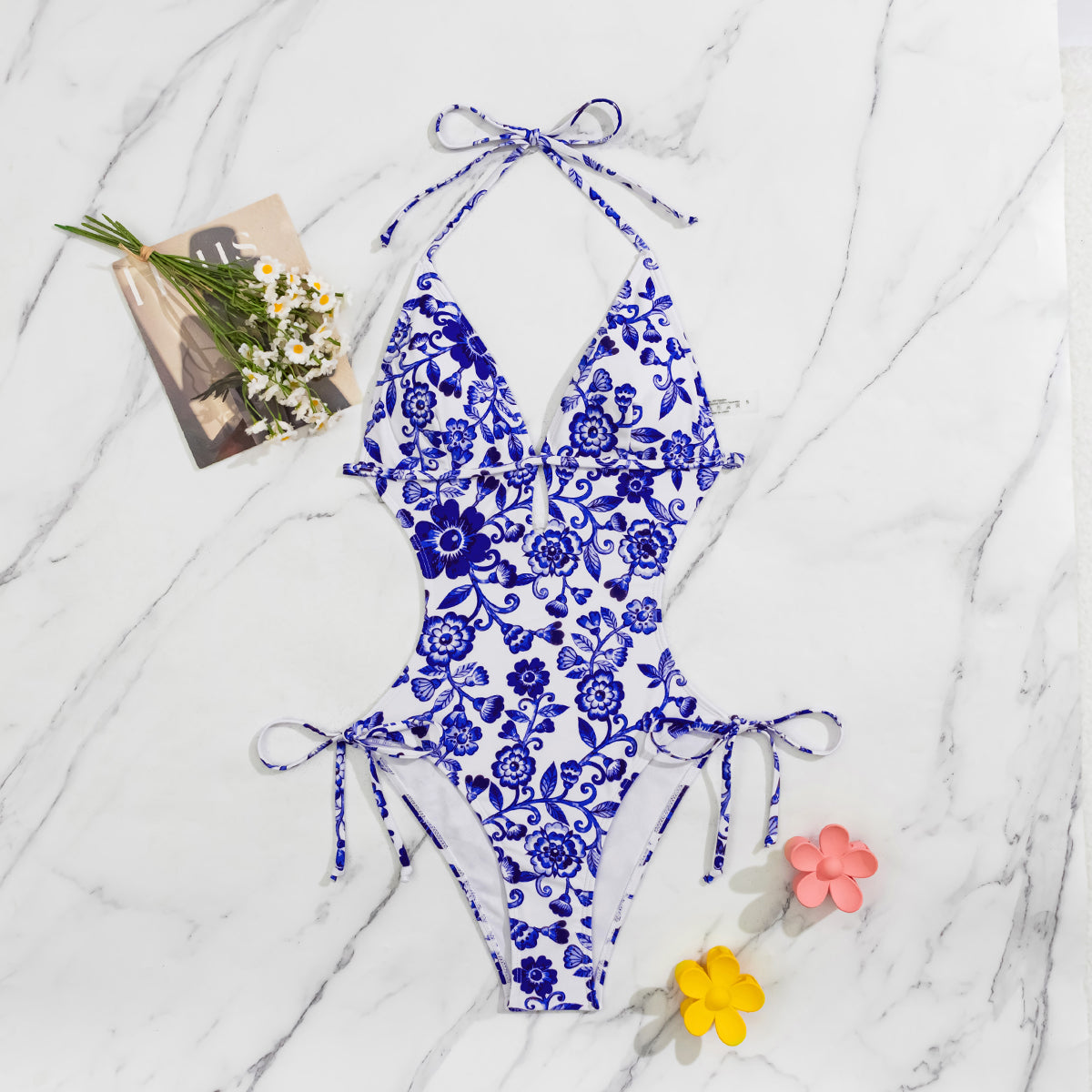 Blue and White Porcelain Chinese Style Halter Cutout One-Piece Swimsuit for Women, Deep V Tie Side Slimming Fashion Swimwear