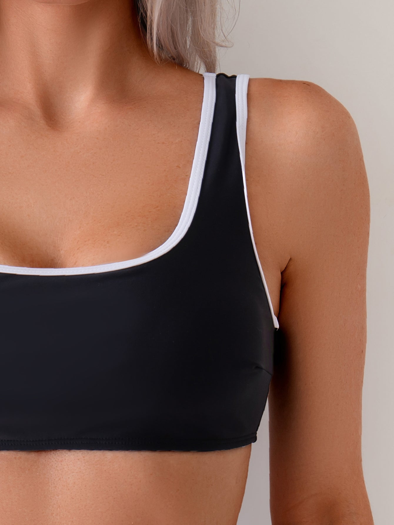 Black & White Trim Square Neck High-Waisted Bikini Set for Women, Wearable-as-Top Minimalist Retro Slimming Swimwear