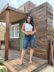 Vintage Cargo Pocket Denim Capri Jeans for Women, High-Waisted Cuffed Casual 5-Pocket Jeans