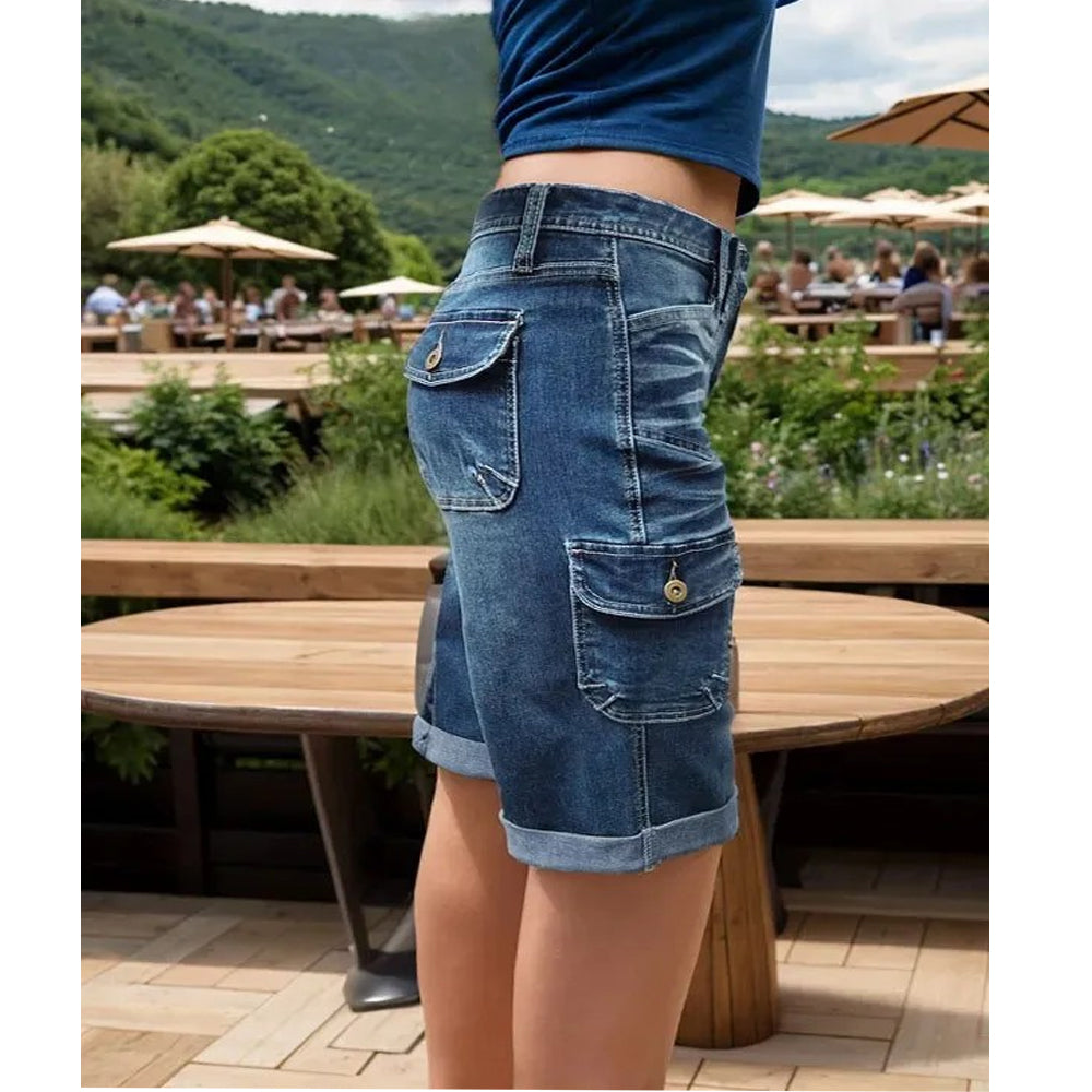 Vintage Cargo Pocket Denim Capri Jeans for Women, High-Waisted Cuffed Casual 5-Pocket Jeans