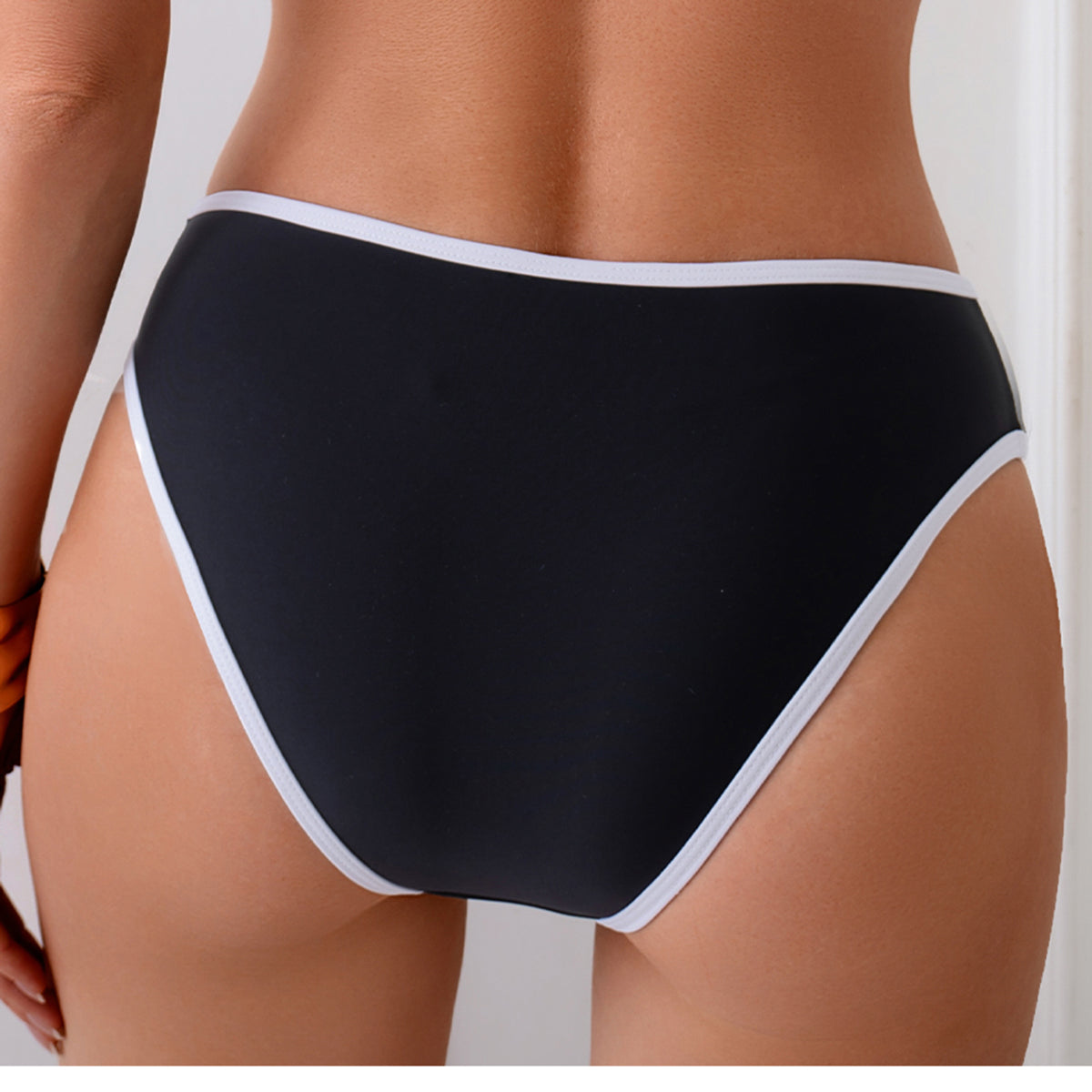 Black & White Trim Square Neck High-Waisted Bikini Set for Women, Wearable-as-Top Minimalist Retro Slimming Swimwear