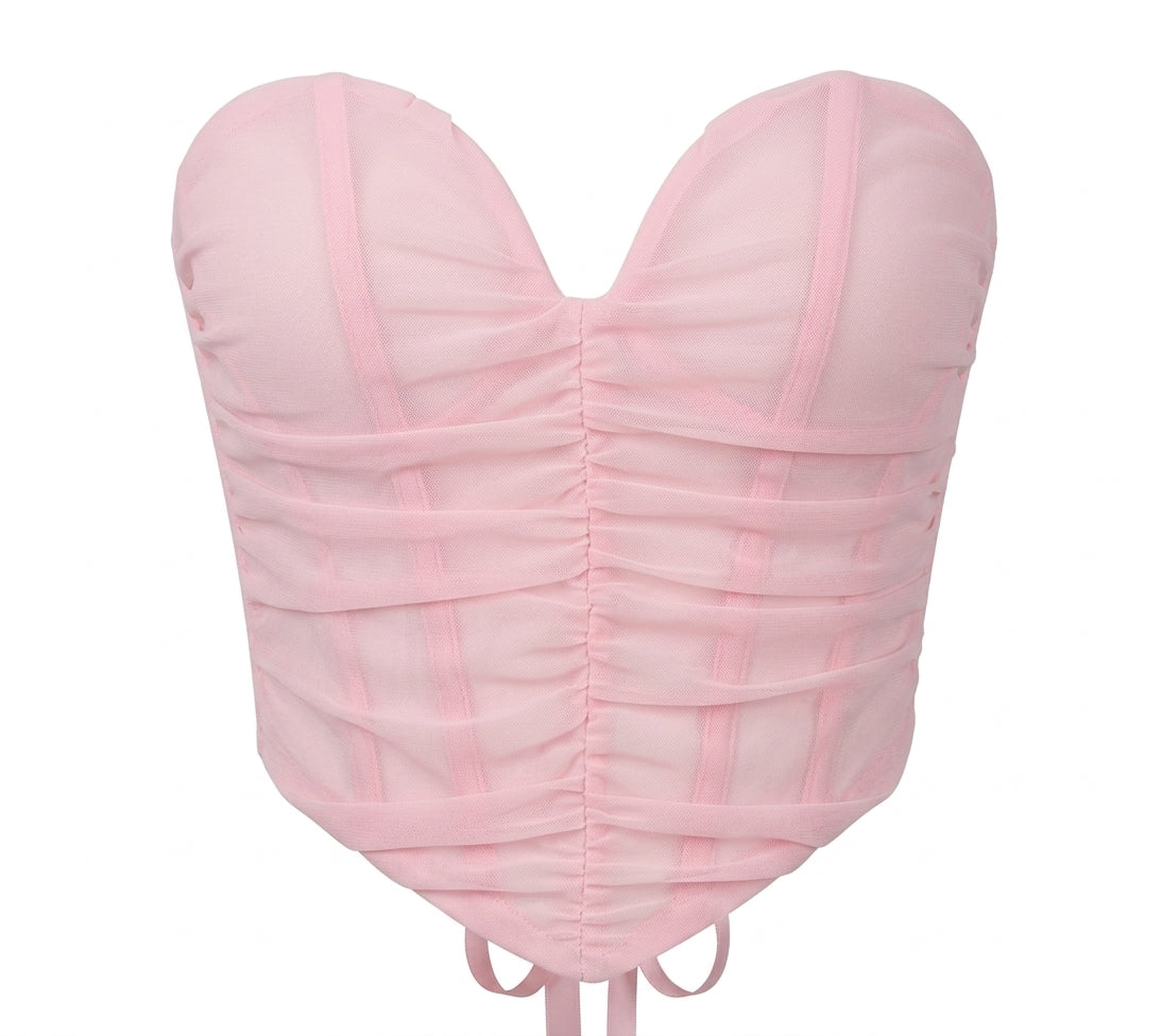 Pink Ruched Strapless Corset Top Back Zipper Sweetheart Bustier Waist Cincher