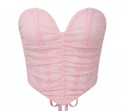 Pink Ruched Strapless Corset Top Back Zipper Sweetheart Bustier Waist Cincher
