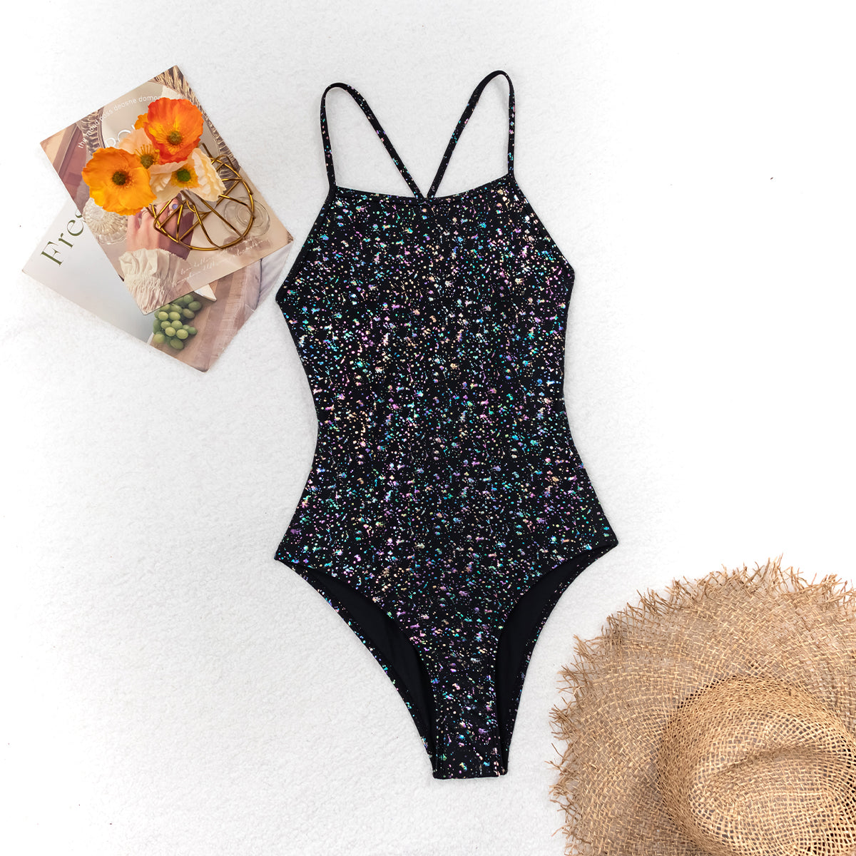 Black Glitter Thin Strap One-Piece Swimsuit for Women, Wearable-as-Top Slimming Fashion Swimwear