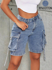 Women's Light Blue Cargo Pocket Denim Shorts - High-Waisted Slim-Fit Casual Bermuda Pants