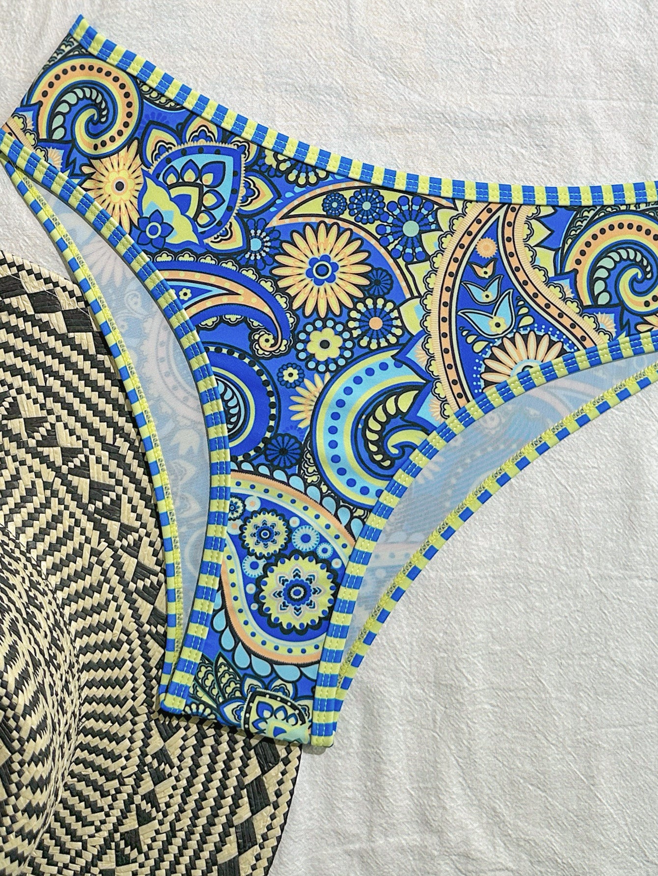 Blue Paisley Print 3-Piece Bikini Set for Women, Bandeau Tie Triangle Swimwear Vacation Outfit