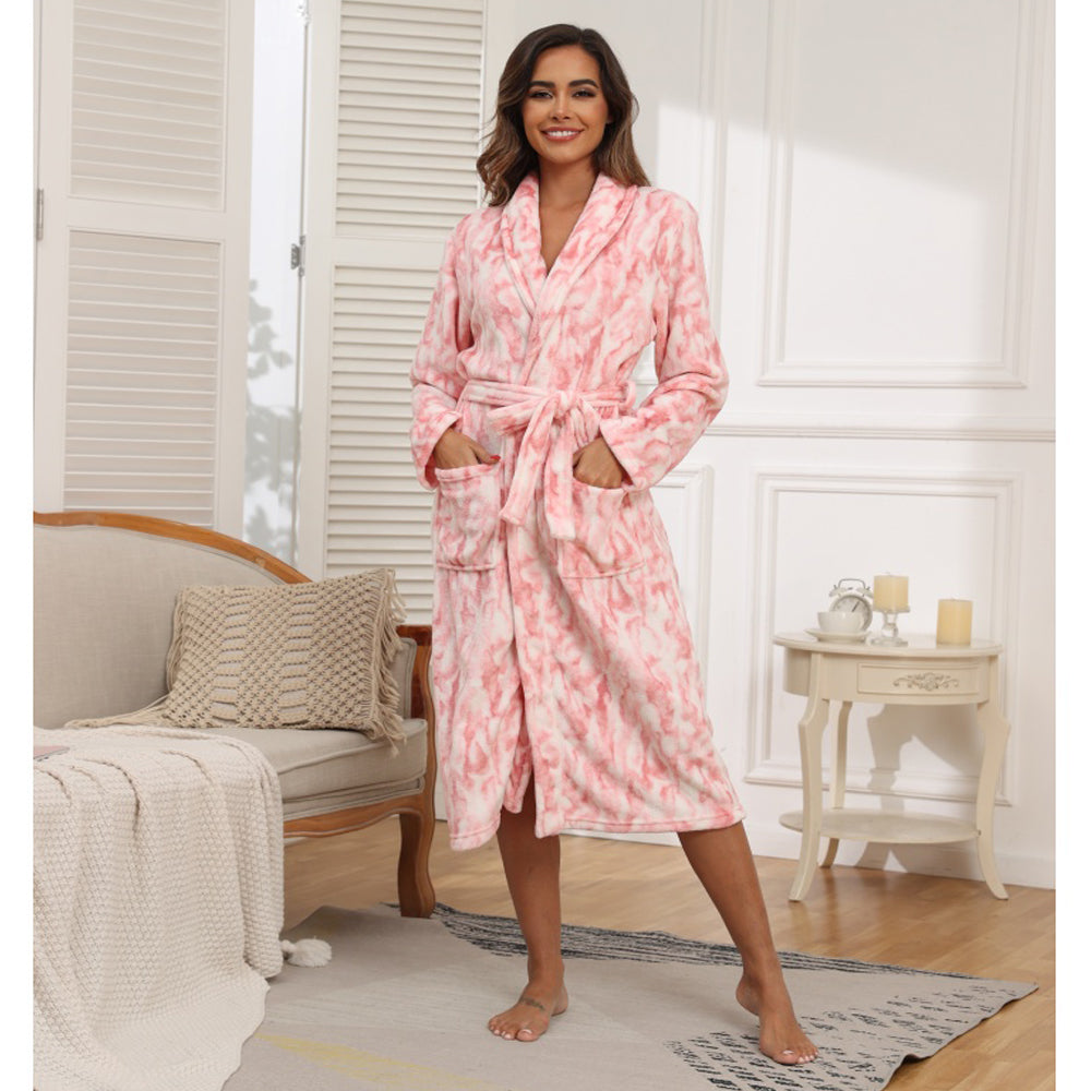 Regular-length polyester blend A-line robe with a tie, suitable for autumn and winter, long sleeves and V-neck.