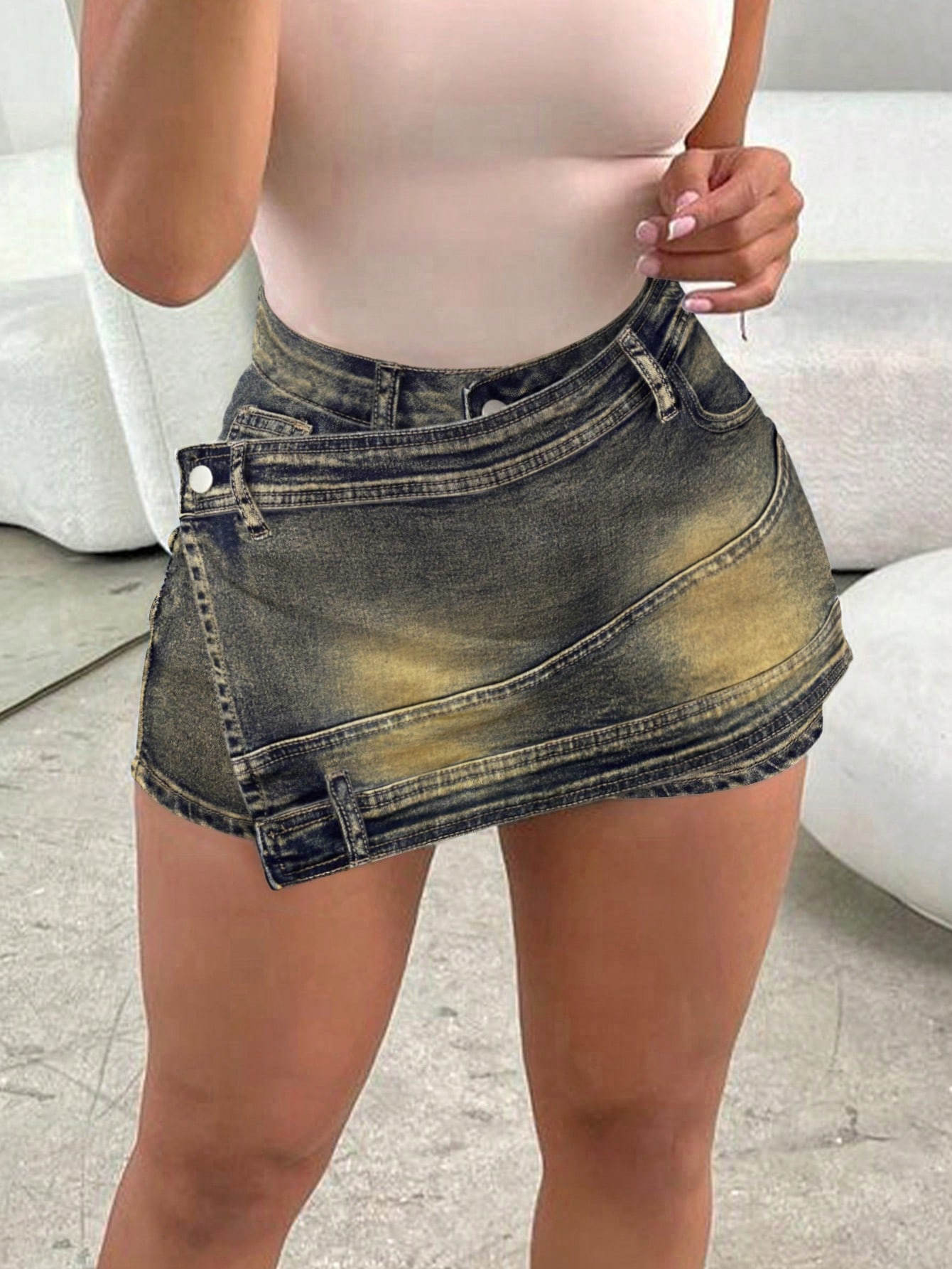 Women's Dark Washed Asymmetric Denim Shorts - Sexy Slim-Fit Skort Style Hot Pants
