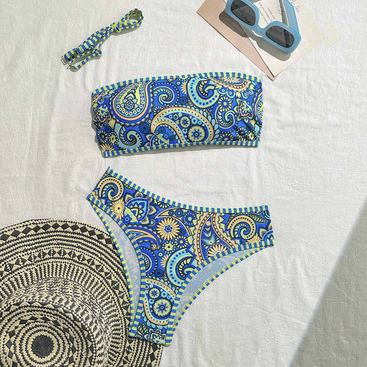 Blue Paisley Print 3-Piece Bikini Set for Women, Bandeau Tie Triangle Swimwear Vacation Outfit