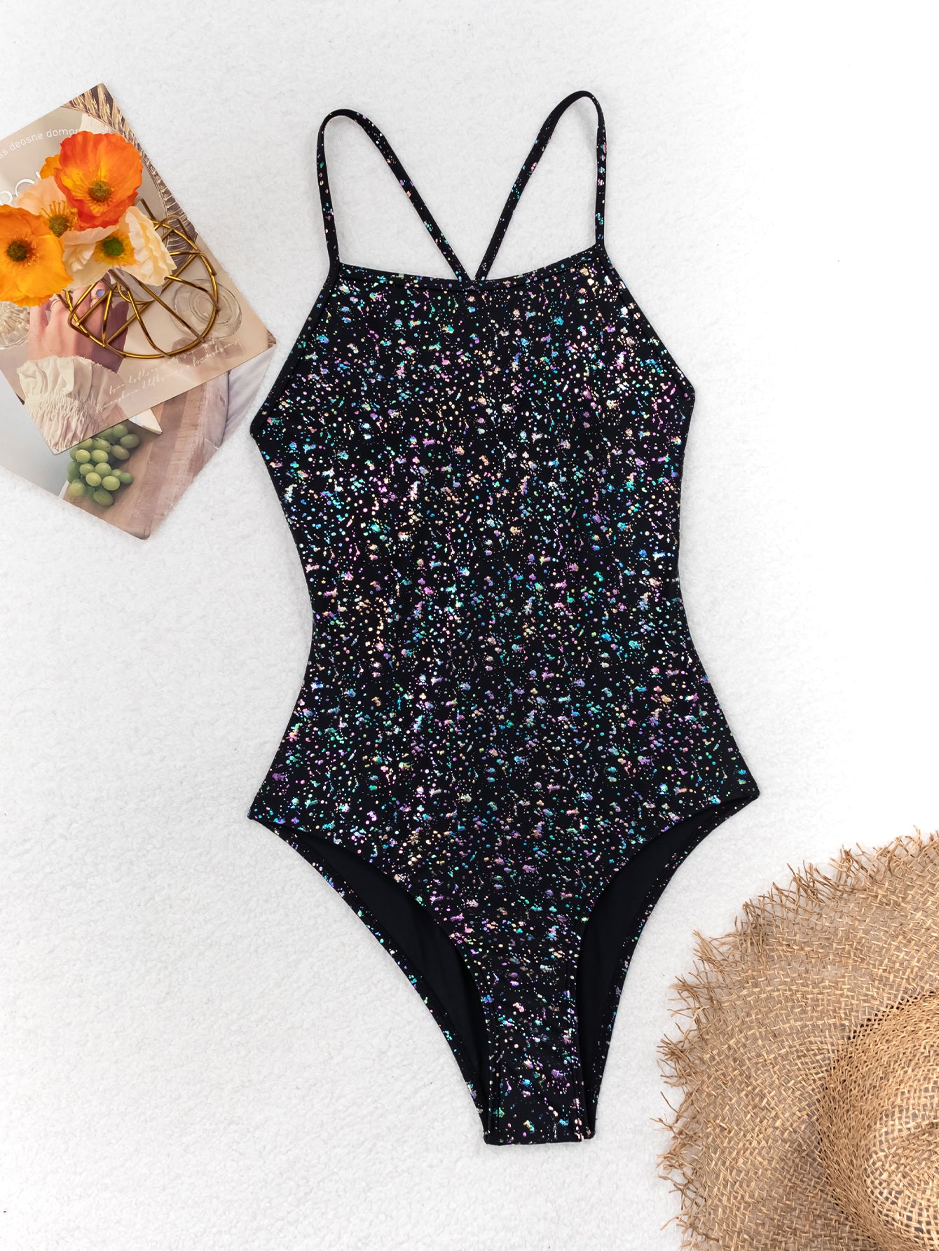 Black Glitter Thin Strap One-Piece Swimsuit for Women, Wearable-as-Top Slimming Fashion Swimwear