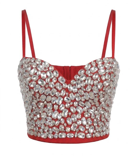 Red Rhinestone Embellished Spaghetti Strap Corset Crop Top