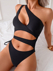 Black One-Shoulder Multi-Cutout Tie One-Piece Swimsuit for Women, Slimming Wearable-as-Top Sexy Fashion Swimwear