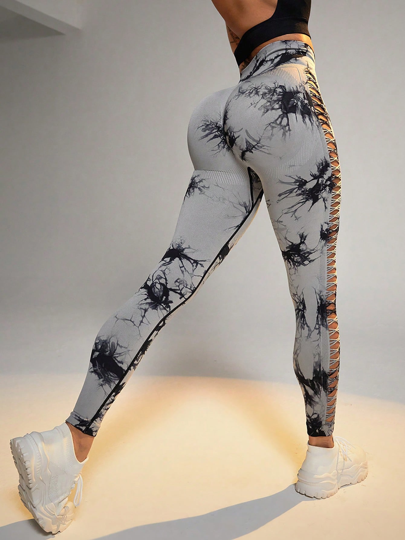 Women's Tie-Dye Side Cutout Lace-Up Yoga Pants - High-Waisted Butt-Lifting Seamless Athletic Leggings