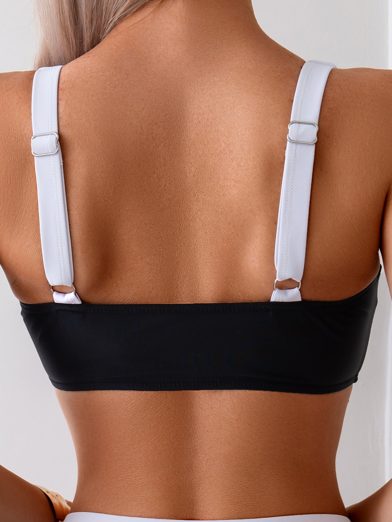 Black-White Color Block Square-Neck Bikini Set for Women, Adjustable-Strap High-Waisted Triangle Swimwear