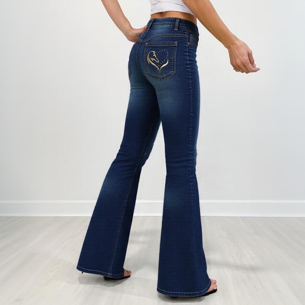 Women's Dark Blue High-Waisted Flare Jeans - Vintage Slim-Fit Retro Bell Bottoms