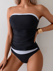 Women's Black and White Color Block Bandeau Tankini Set Slim-Fit Beach Swimwear