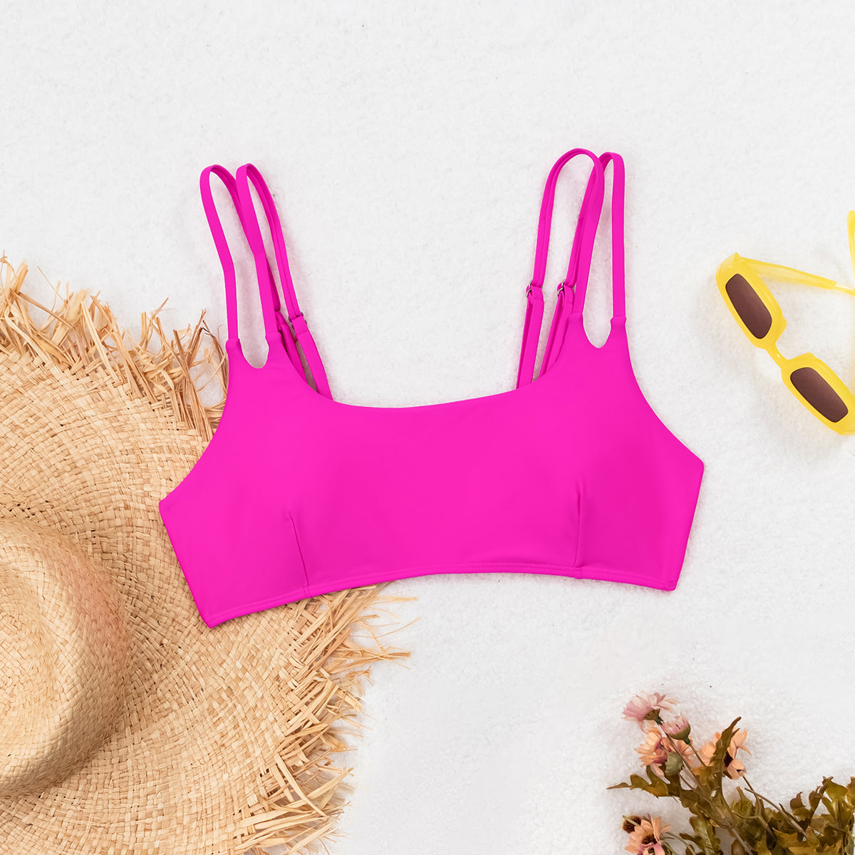 Hot Pink Double Thin-Strap Bikini Top, Square-Neck Open-Back Swimwear Top