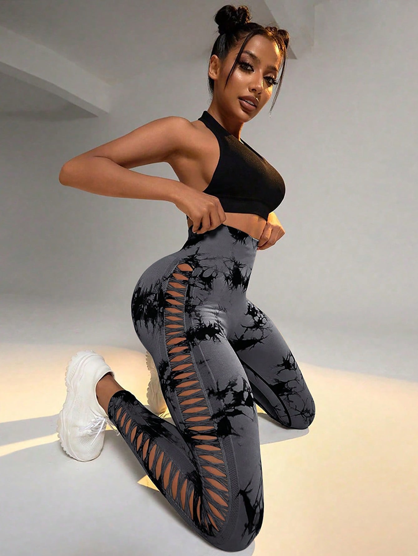 Women's Tie-Dye Side Cutout Lace-Up Yoga Pants - High-Waisted Butt-Lifting Seamless Athletic Leggings