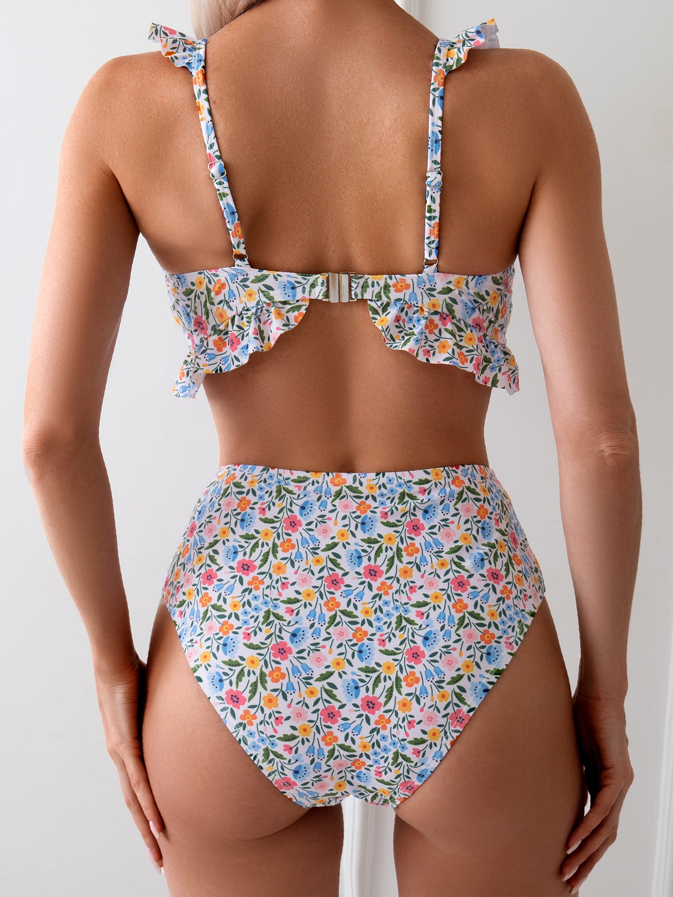 Light Blue Floral Ruffled High-Waisted Bikini Set for Women, Adjustable-Strap Triangle Swimwear