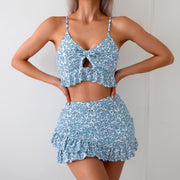 Women's Sexy Floral Print Spaghetti Strap Crop Top & Ruffled Mini Skirt  Swimsuit Set
